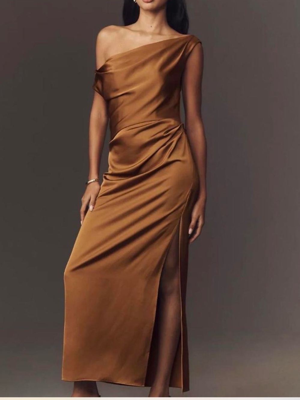 One-Shoulder Satin Midi Dress in Caramel Brown